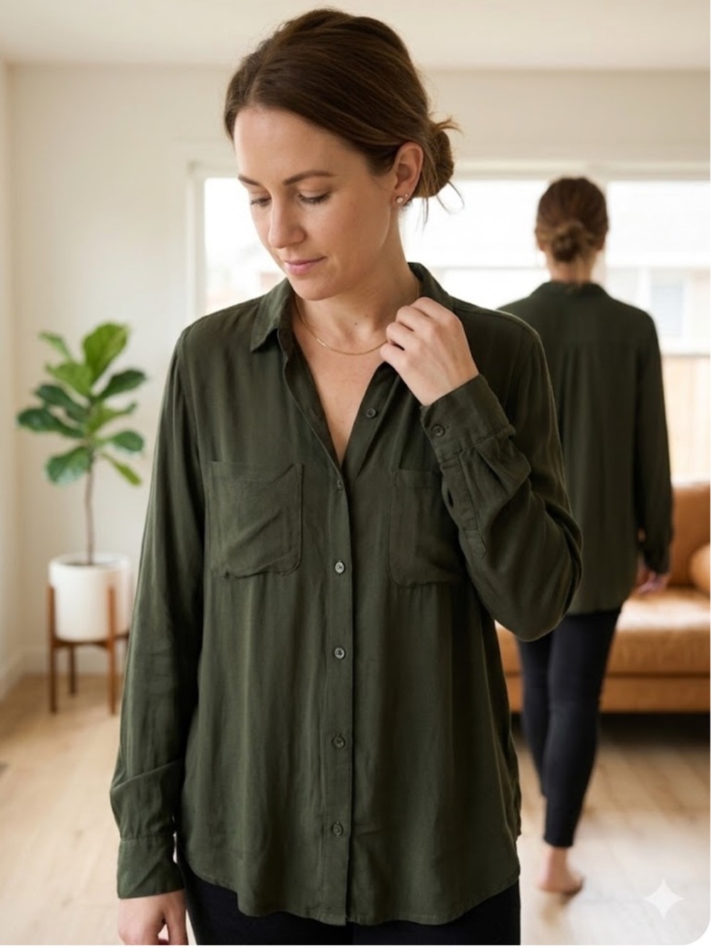 Bella Dahl 100% Rayon Olive Green Button-Front Shirt - Classic Collared Top
